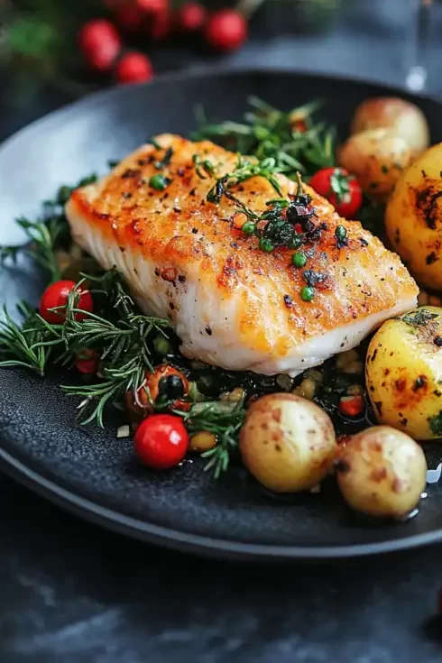 Herby Fish with Wilted Greens and Mushrooms