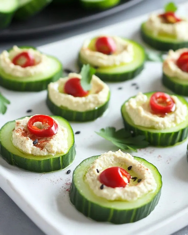 Cucumber Hummus Bites with Chia Sprouts