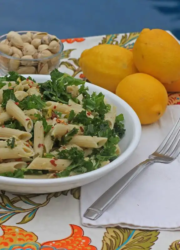 Lemon Kale Pasta Salad with Pistachio Nuts