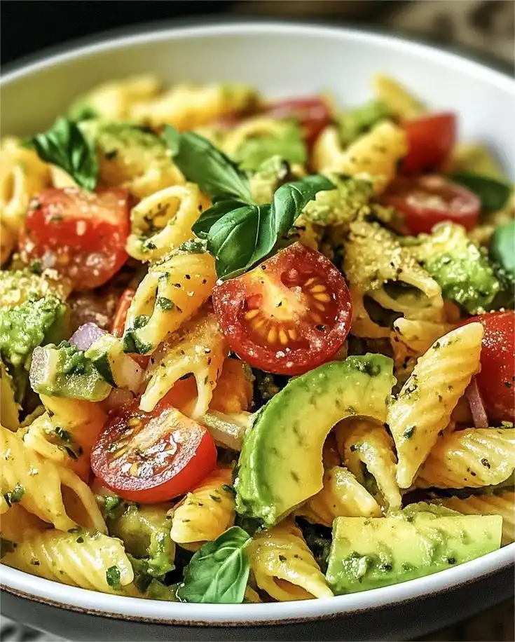 Avocado Tomato Chickpea Pasta Salad with Lemon Basil Vinaigrette